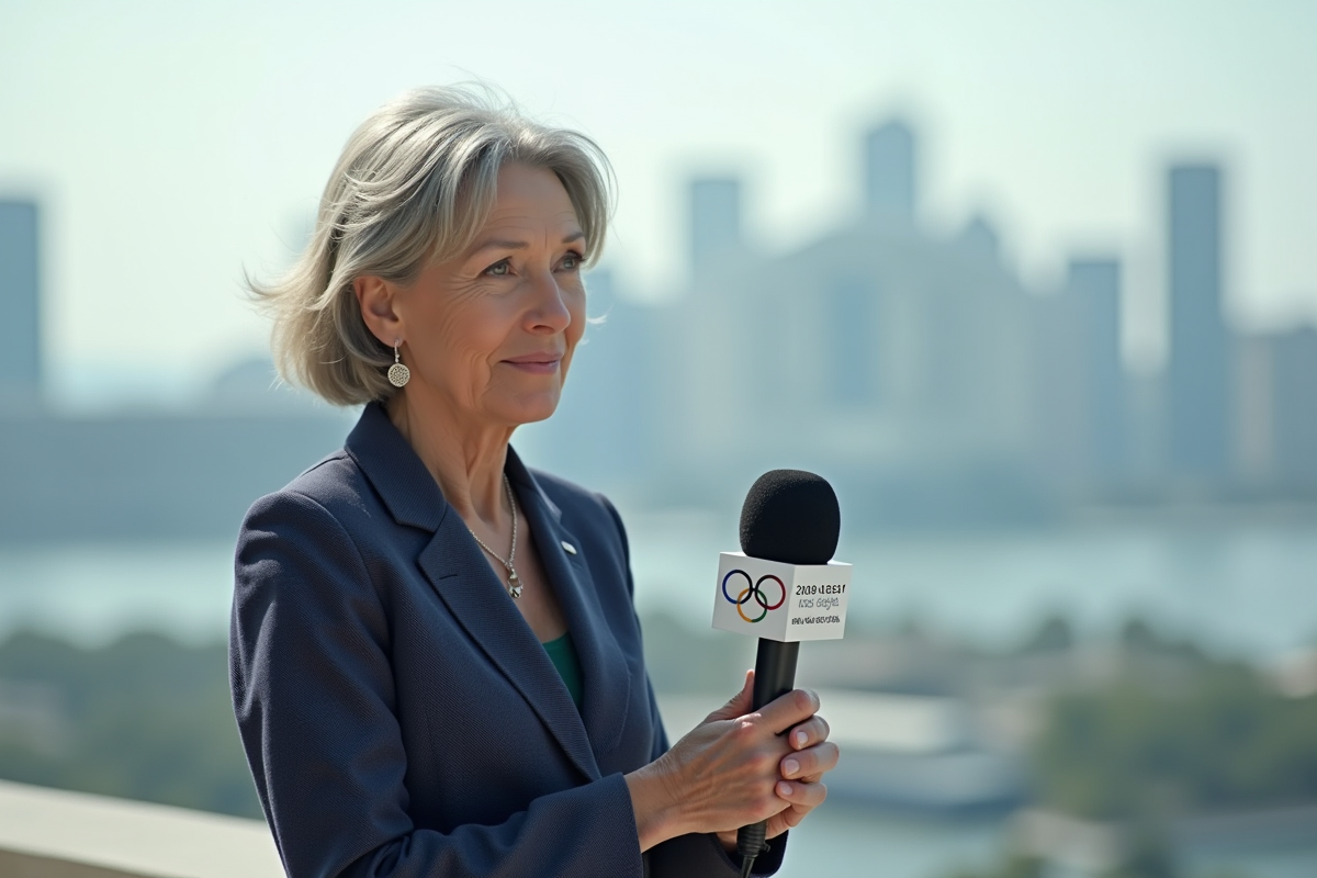 Reporter sportive devant une ville futuriste