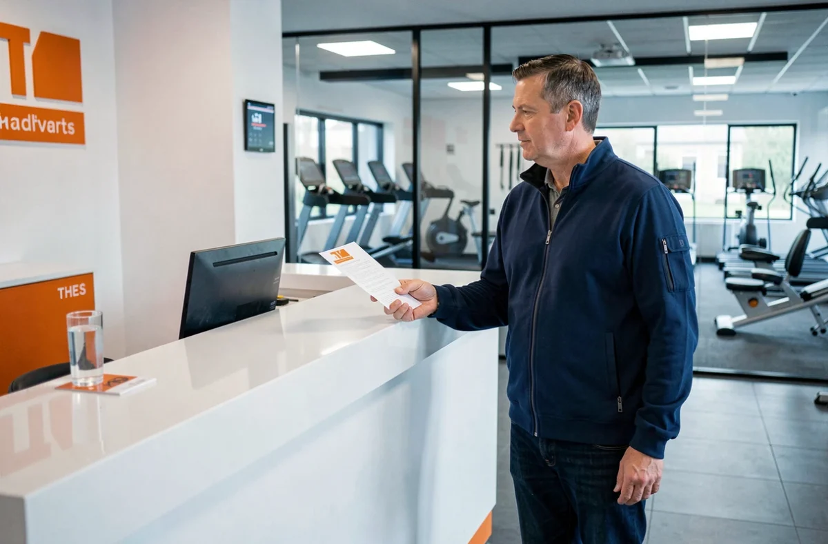 Homme remettant un document de résiliation d'abonnement à l'accueil d'une salle de sport Basic Fit