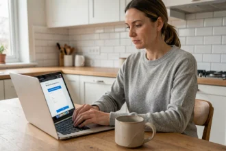 Femme consultant un formulaire de résiliation d'abonnement Basic Fit sur son ordinateur portable à domicile