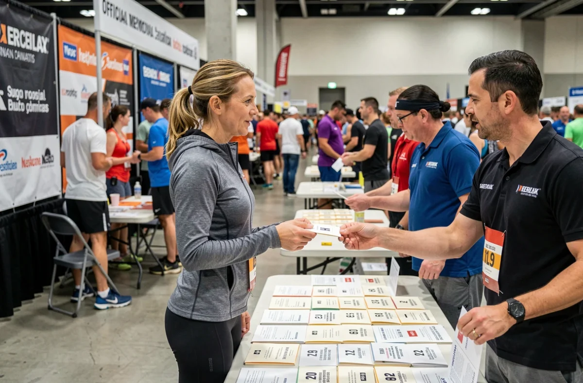 Coureuse retirant son dossard au salon expo du Marathon de Paris