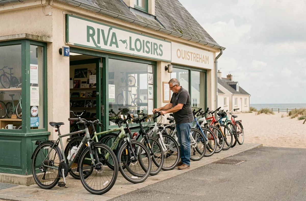 Devanture de Riva Loisirs à Ouistreham avec des vélos exposés près de la côte normande