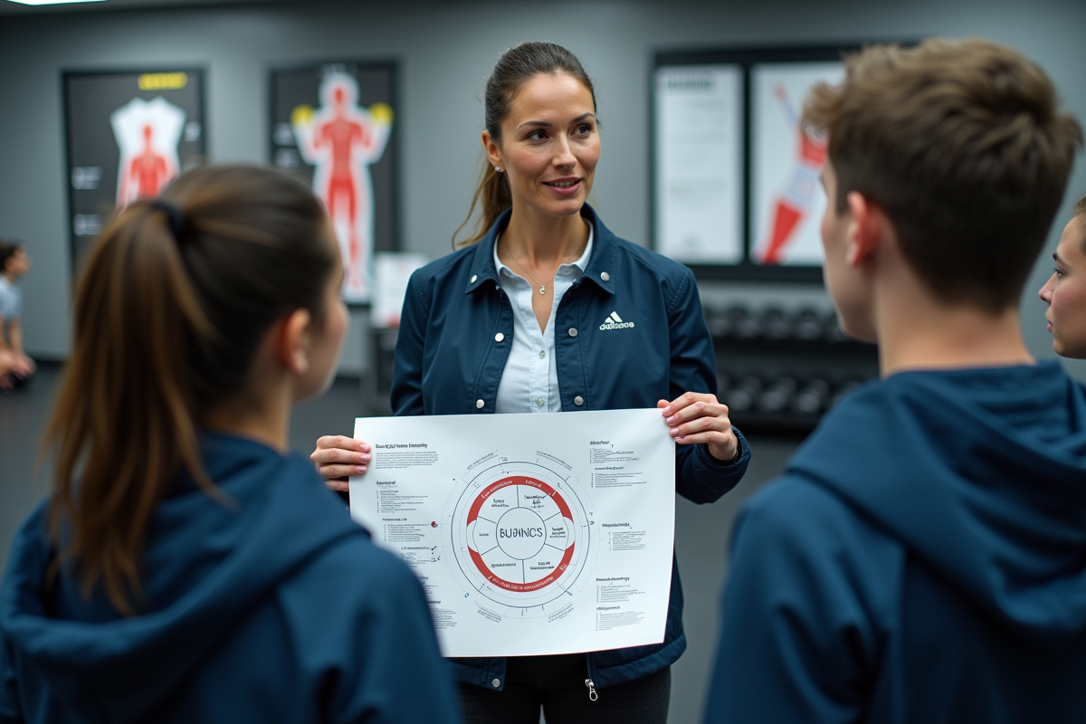 Femme scientifique expliquant un diagramme d entraînement sportif