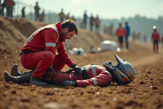 Secouriste en action auprès d'un motard accidenté sur piste