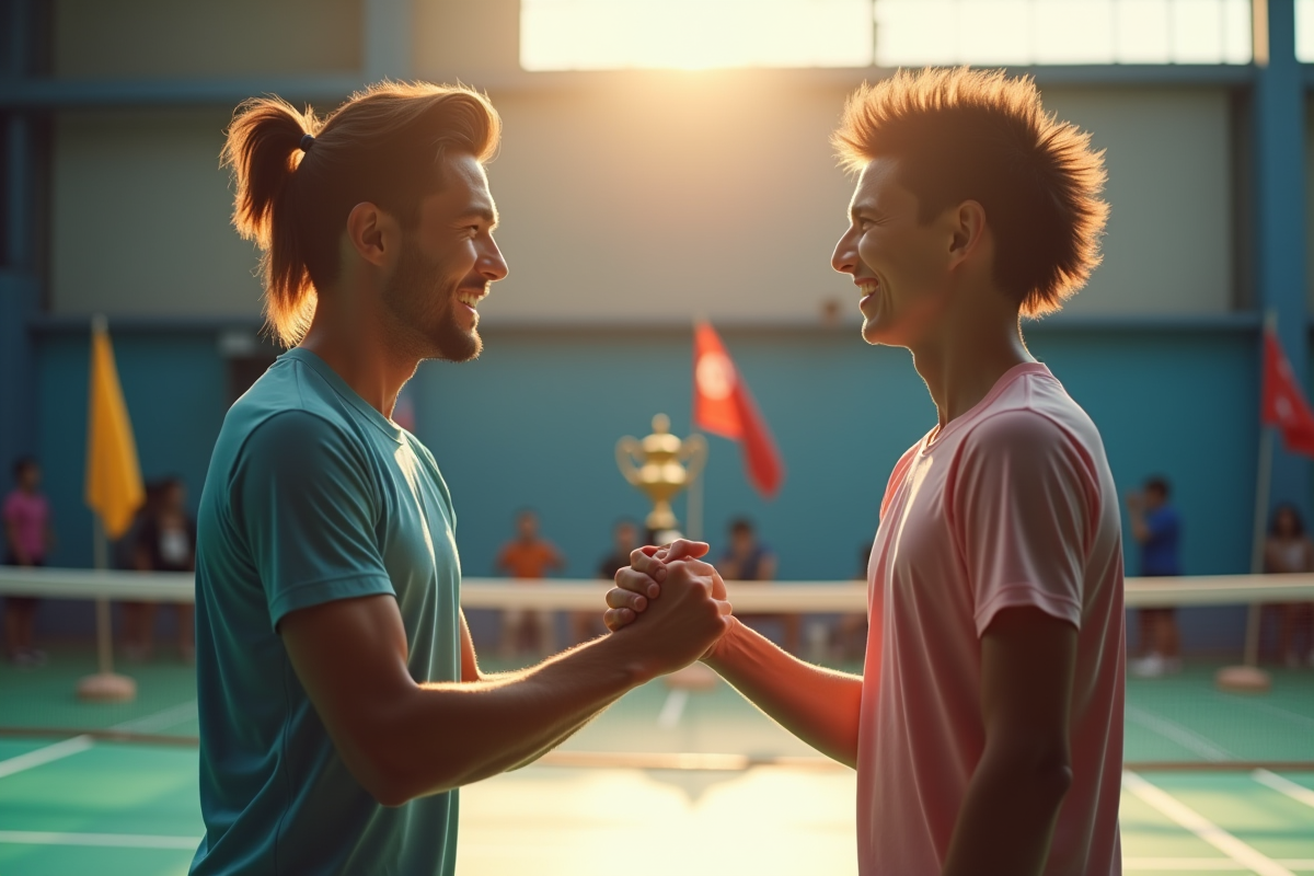 Deux joueurs de badminton se serrant la main après un match avec coupe mullet
