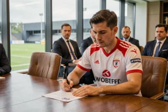 Joueur de football professionnel signant son contrat lors d'un transfert majeur au PSG en 2026