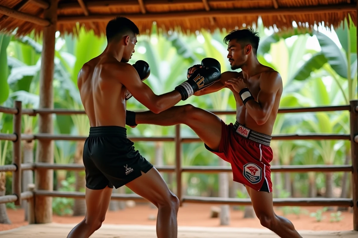 Deux combattants de Muay Thai en sparring dans un camp d'entraînement en plein air en Thaïlande rurale