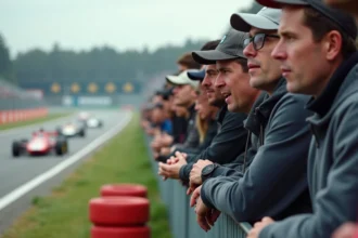 Spectateurs enthousiastes appuyés contre les barrières d'un circuit automobile régional, voitures de course floues en arrière-plan