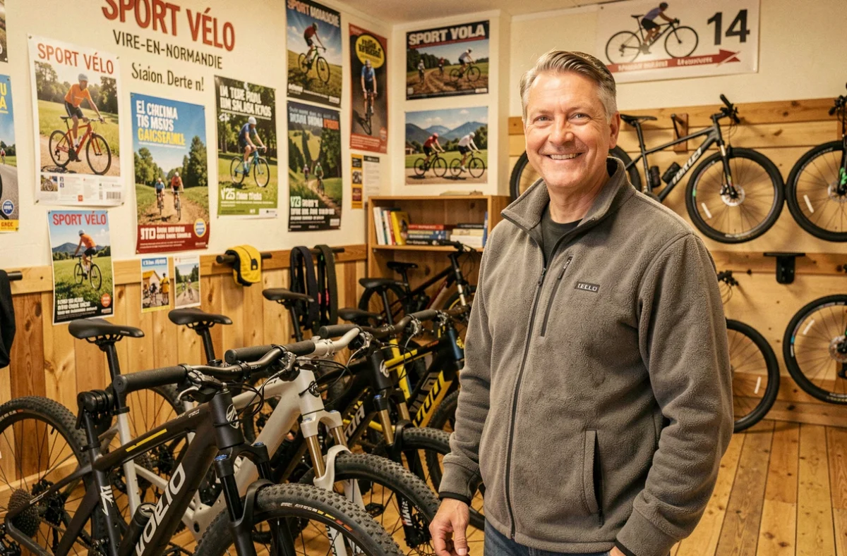 Propriétaire du magasin Sport Vélo 14 aux côtés de vélos VTT à Vire-en-Normandie