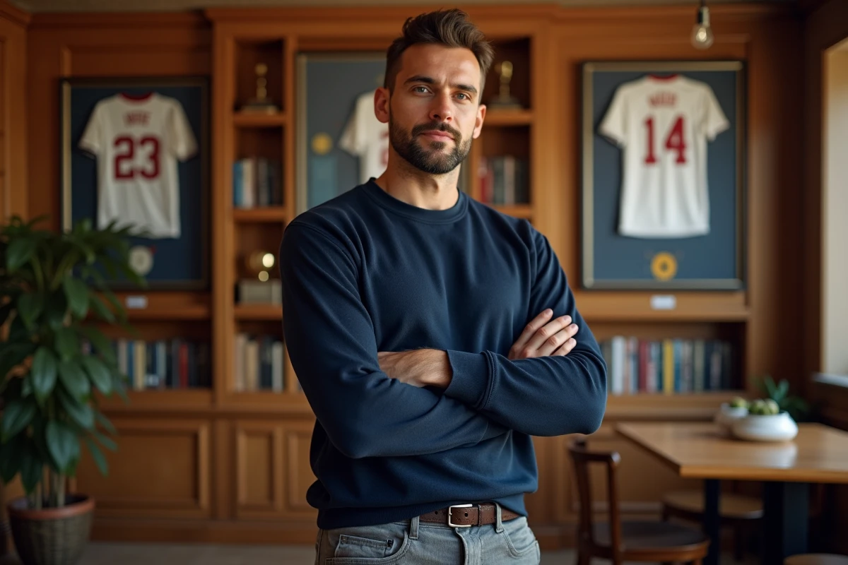 Sportif posant devant une collection de maillots encadrés et de trophées dans une salle de memorabilia sportive