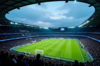 Vue panoramique d'un stade de Ligue des Champions rempli de supporters aux couleurs de l'Inter de Milan lors d'un match européen