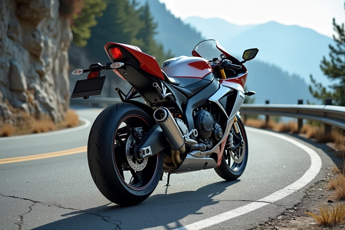 Superbike de route homologué garé sur une route de montagne sinueuse, vue arrière trois quarts montrant les équipements routiers légaux