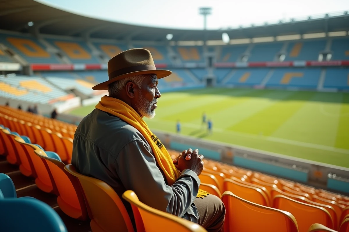 Vieil supporter congolais ému dans les gradins du stade regardant le match des Léopards de la RDC