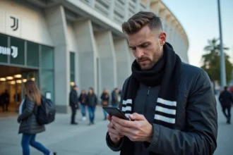 Supporter de la Juventus cherchant des billets de dernière minute sur son smartphone devant l'Allianz Stadium de Turin