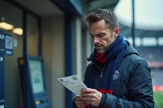 Supporter du Paris FC tenant un billet imprimé devant le guichet du stade, vérifiant les informations avant un match en 2026