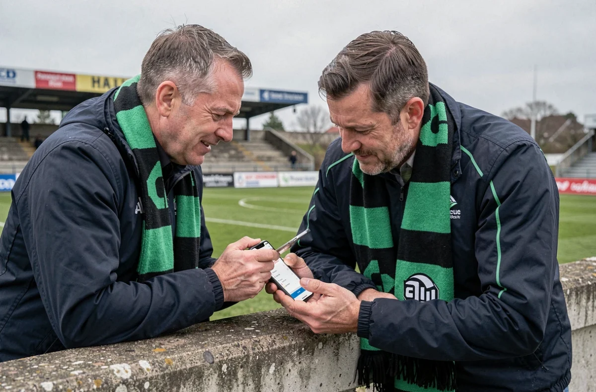 Supporters de Fédérale 2 consultant le calendrier de la Poule 4 2026 sur smartphone au bord du terrain
