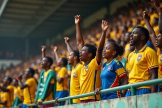 Supporters de la RD Congo en transe dans les tribunes du stade de Kinshasa lors d'un match de football