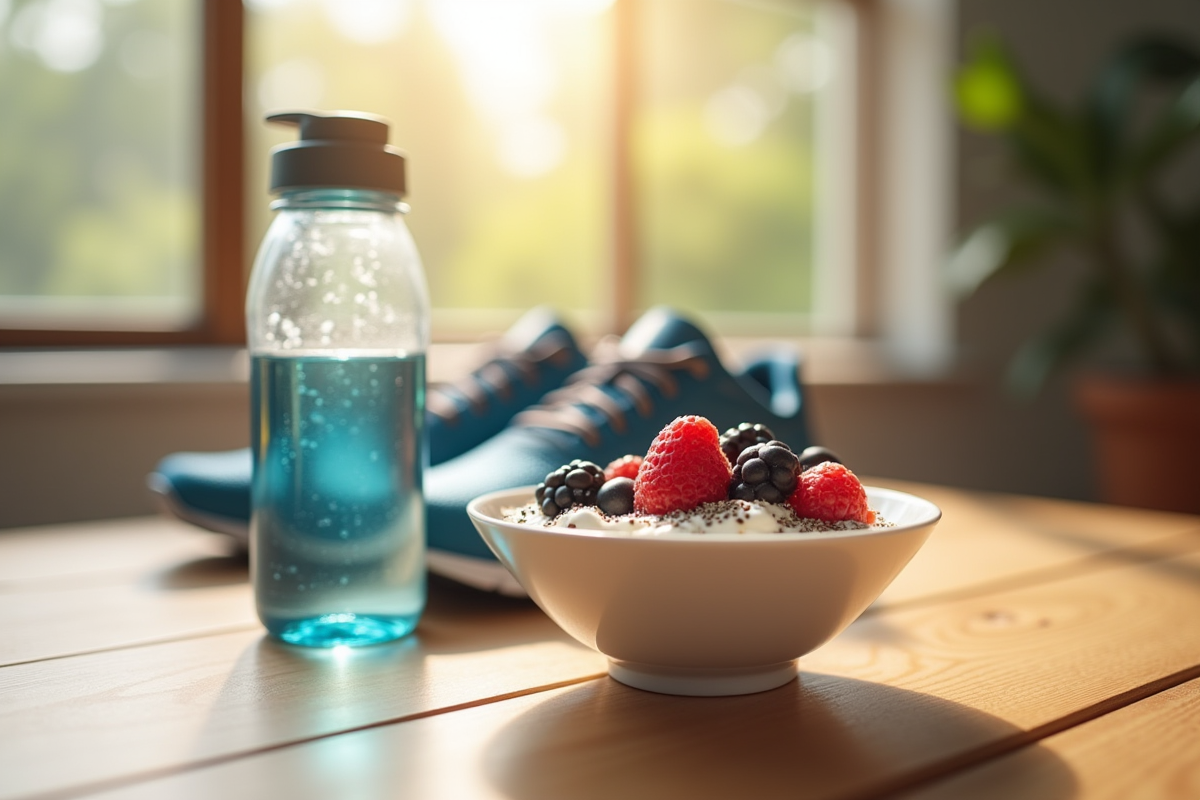 Table en bois avec bouteille d'eau sportive et yaourt aux berries