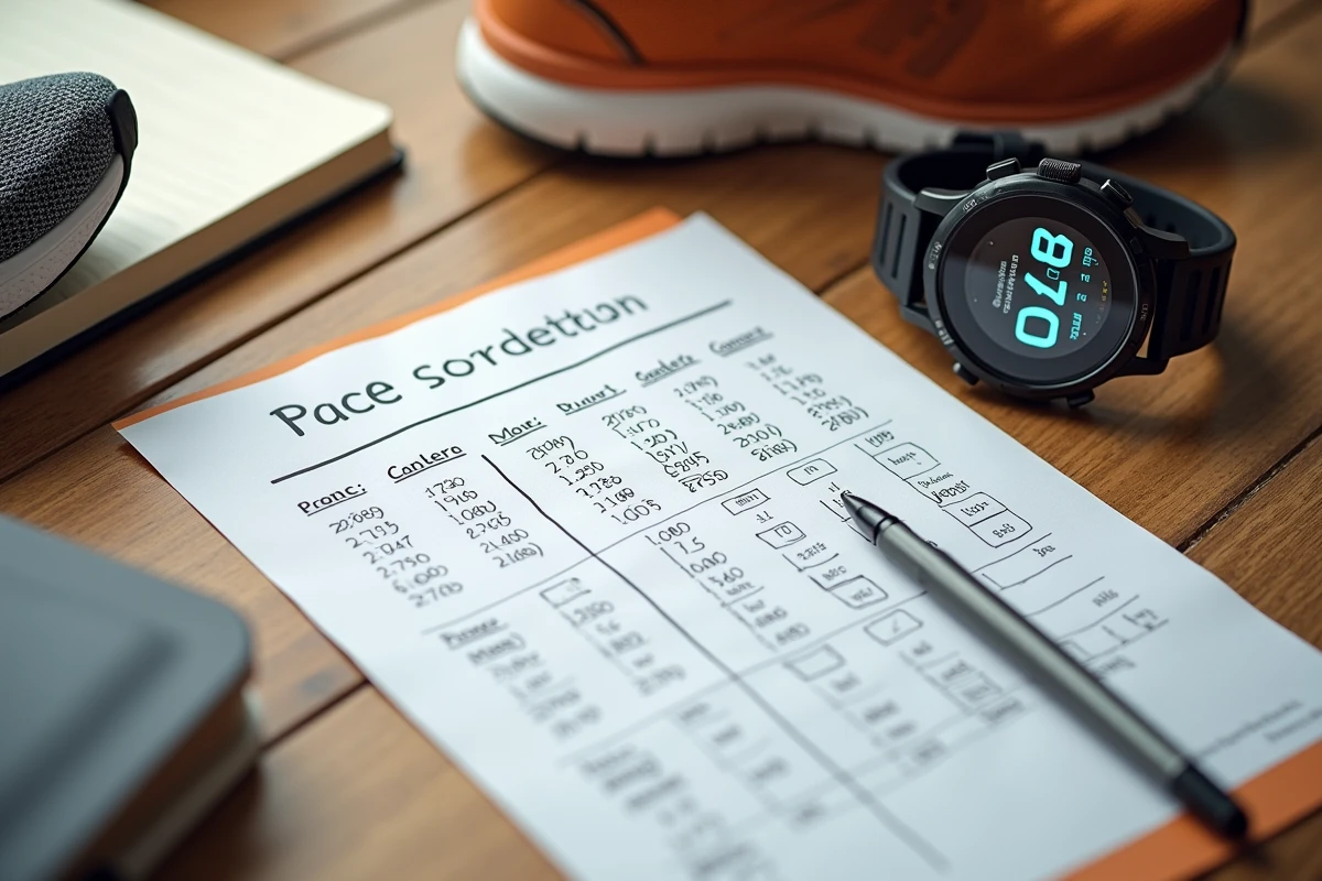 Tableau d'équivalence vitesse en km/h et allure en min/km posé sur un bureau avec montre GPS de running