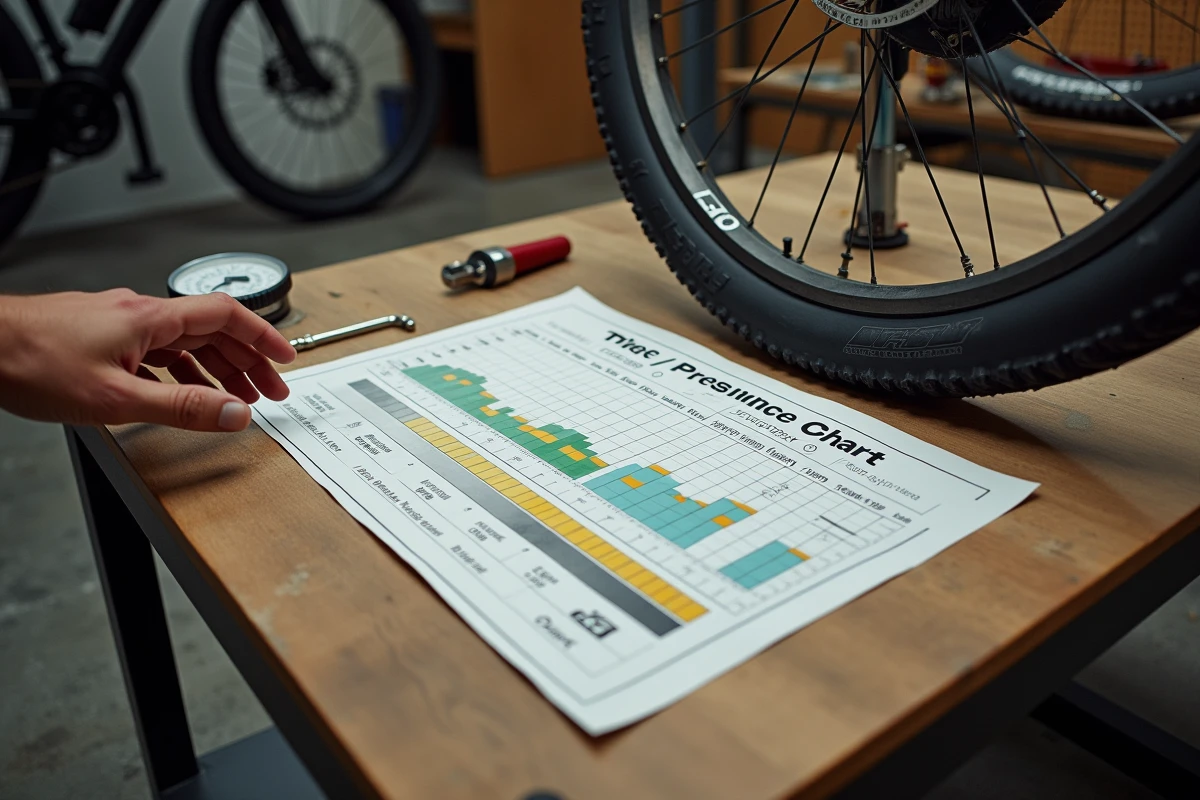 Tableau de pression pneu VTT 26 pouces imprimé posé sur un établi d'atelier vélo avec pompe et outils