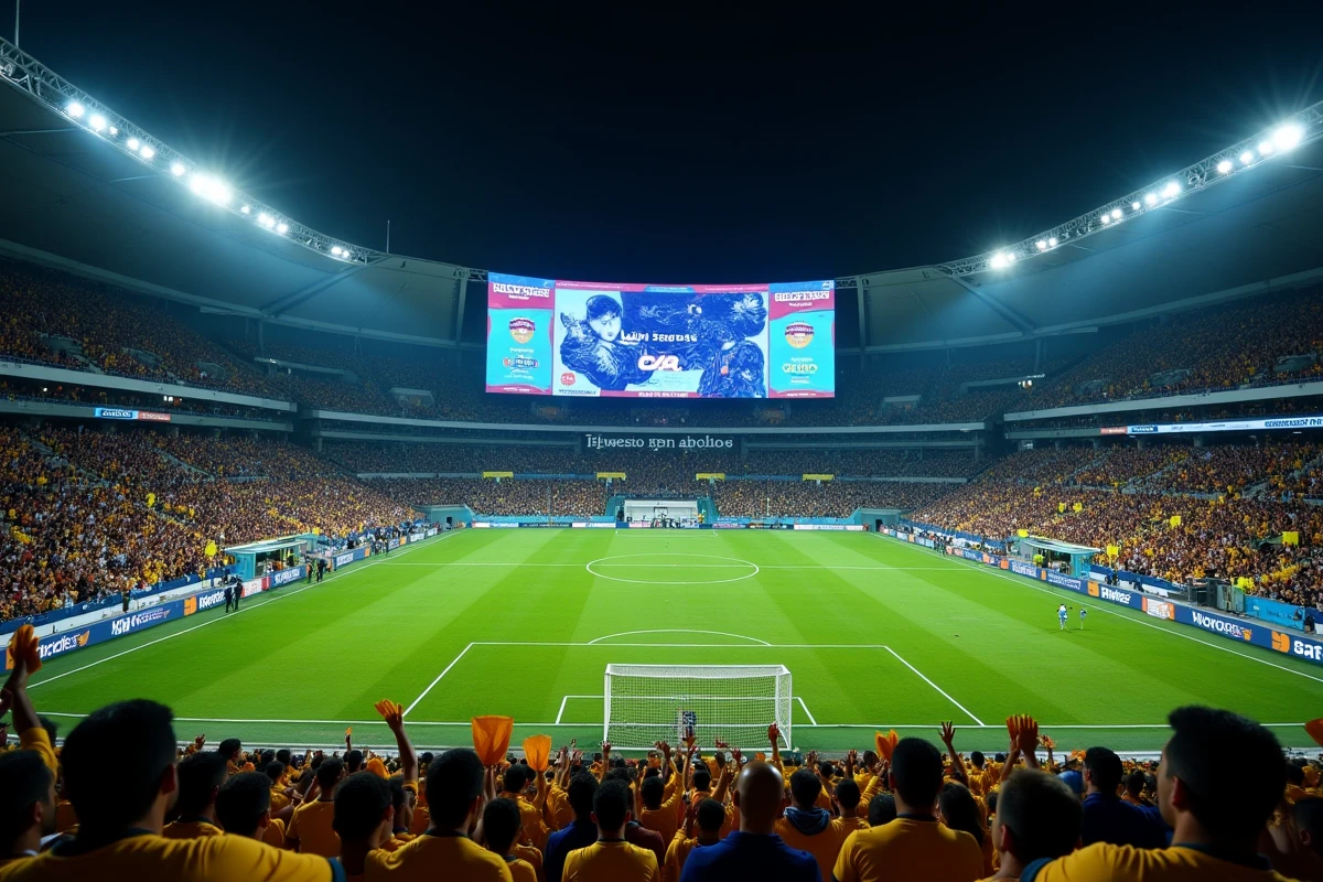 Tableau de score électronique dans un stade de football saoudien affichant les statistiques d'un match d'Al Nassr