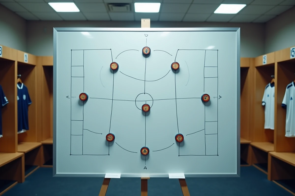 Tableau tactique de composition d'équipe dans un vestiaire de football professionnel avec formations et numéros de maillots