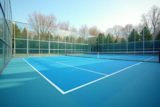 Terrain de padel aux normes officielles françaises avec murs en verre et marquage au sol réglementaire