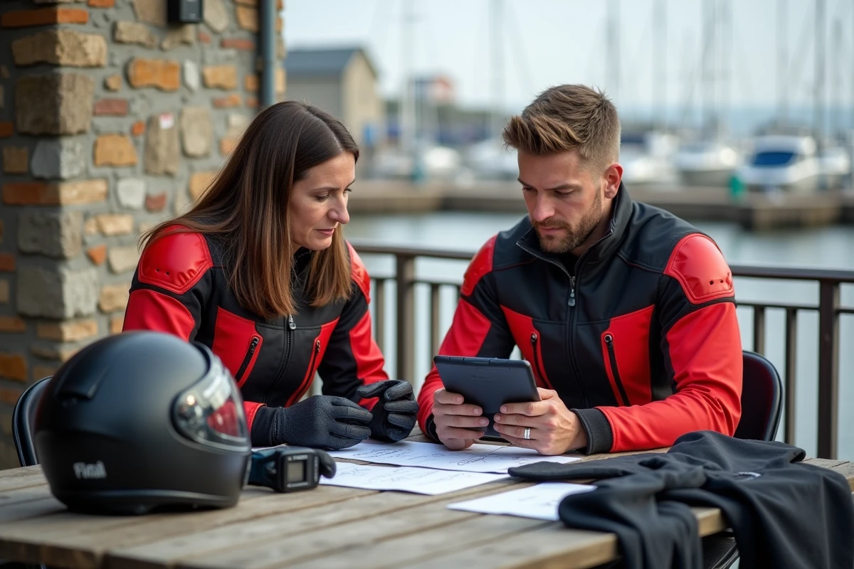 Deux testeurs comparant des équipements moto et nautique en extérieur au bord de la mer
