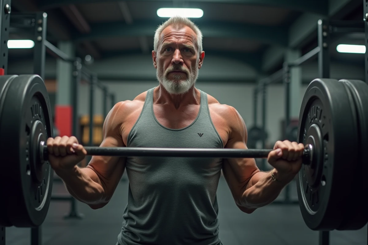 Homme athlétique dans la cinquantaine soulevant des haltères illustrant la force et la masse musculaire de The Rock à son âge