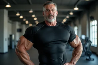 Homme musclé dans la cinquantaine en salle de sport illustrant la morphologie impressionnante de The Rock