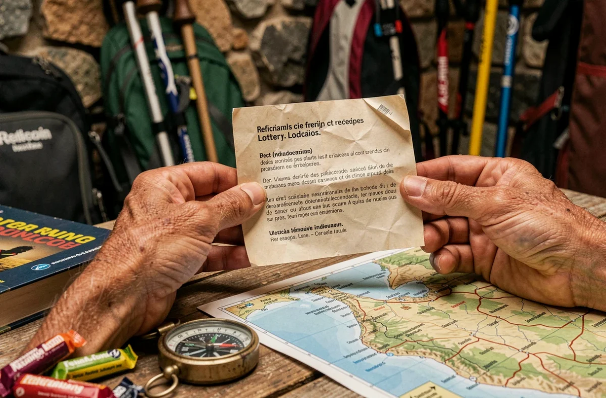Main tenant une lettre officielle de résultat du tirage au sort pour la Diagonale des Fous avec matériel de trail en arrière-plan