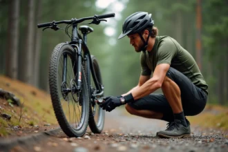 Cycliste VTT vérifiant la pression d'un pneu 26 pouces avec un manomètre sur un sentier forestier