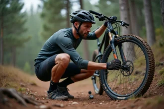 Cycliste VTT vérifiant la pression de ses pneus avec un manomètre numérique sur un sentier forestier