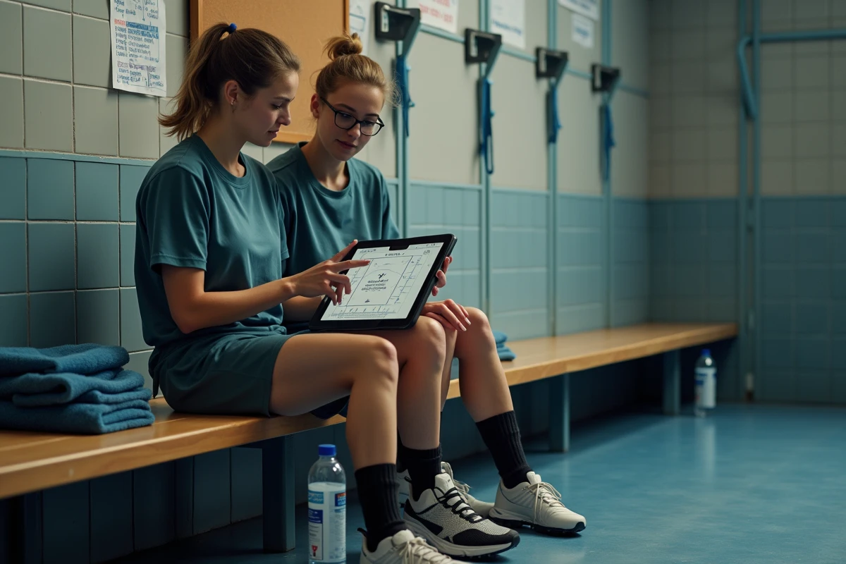 Deux joueuses de football féminin consultant une tactique sur tablette dans un vestiaire de club parisien