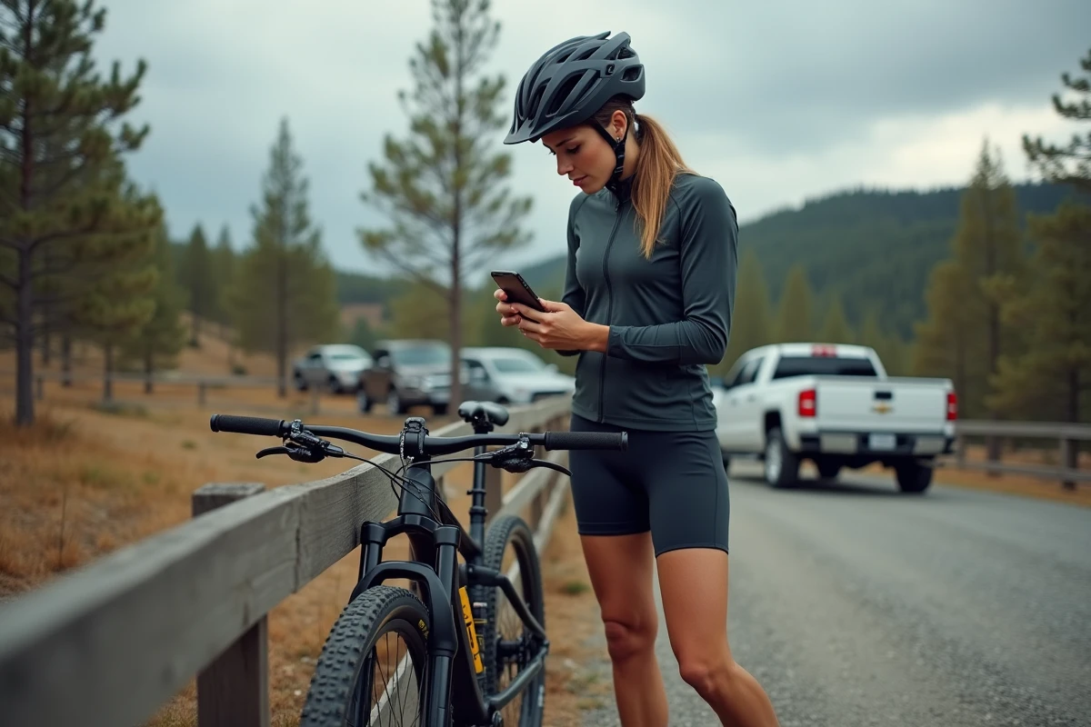 Vététiste consultant un tableau de pression de pneus VTT sur son téléphone au départ d'un sentier