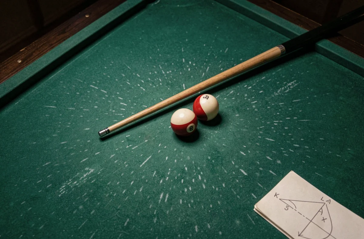 Vue aérienne d'une table de billard avec billes et queue illustrant les angles de rebond