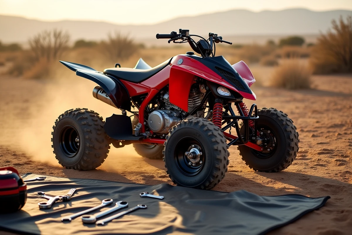 Yamaha Raptor 700 entouré d'outils de maintenance posés au sol sur un terrain de préparation hors route